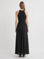 Black Chiffon A-Line Halter Back Zip Floor-Length Pleated Bridesmaid Dress - Curvevia