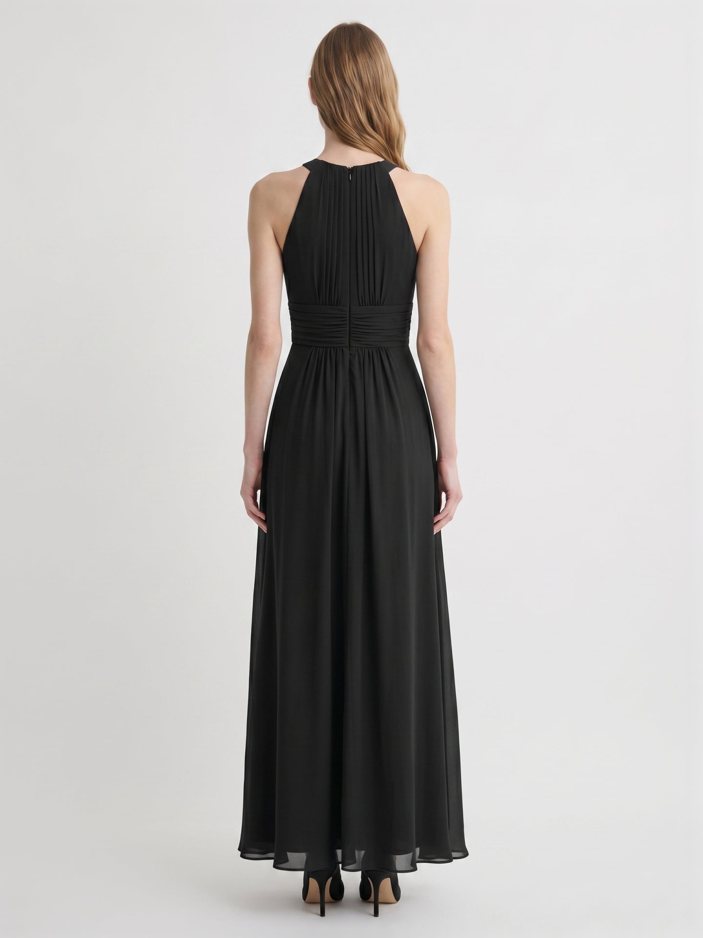 Black Chiffon A-Line Halter Back Zip Floor-Length Pleated Bridesmaid Dress - Curvevia