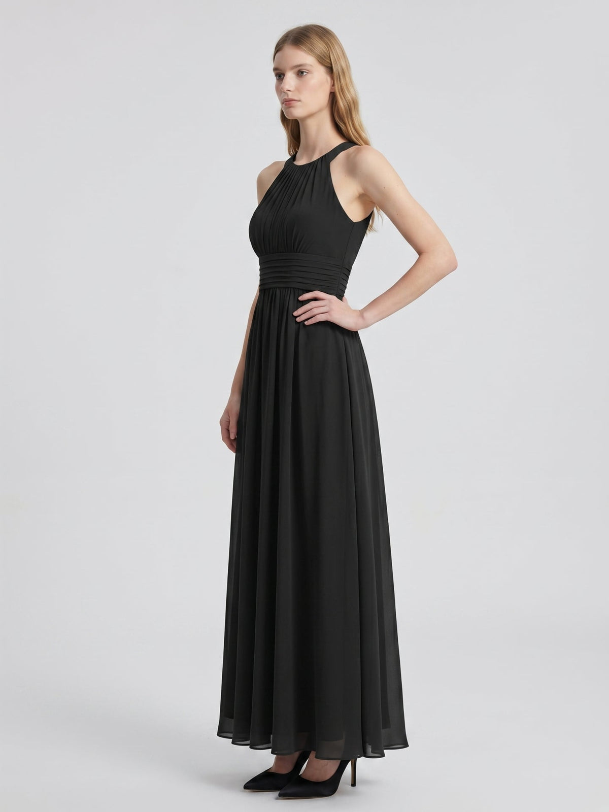 Black Chiffon A-Line Halter Back Zip Floor-Length Pleated Bridesmaid Dress - Curvevia