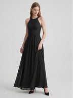 Black Chiffon A-Line Halter Back Zip Floor-Length Pleated Bridesmaid Dress - Curvevia