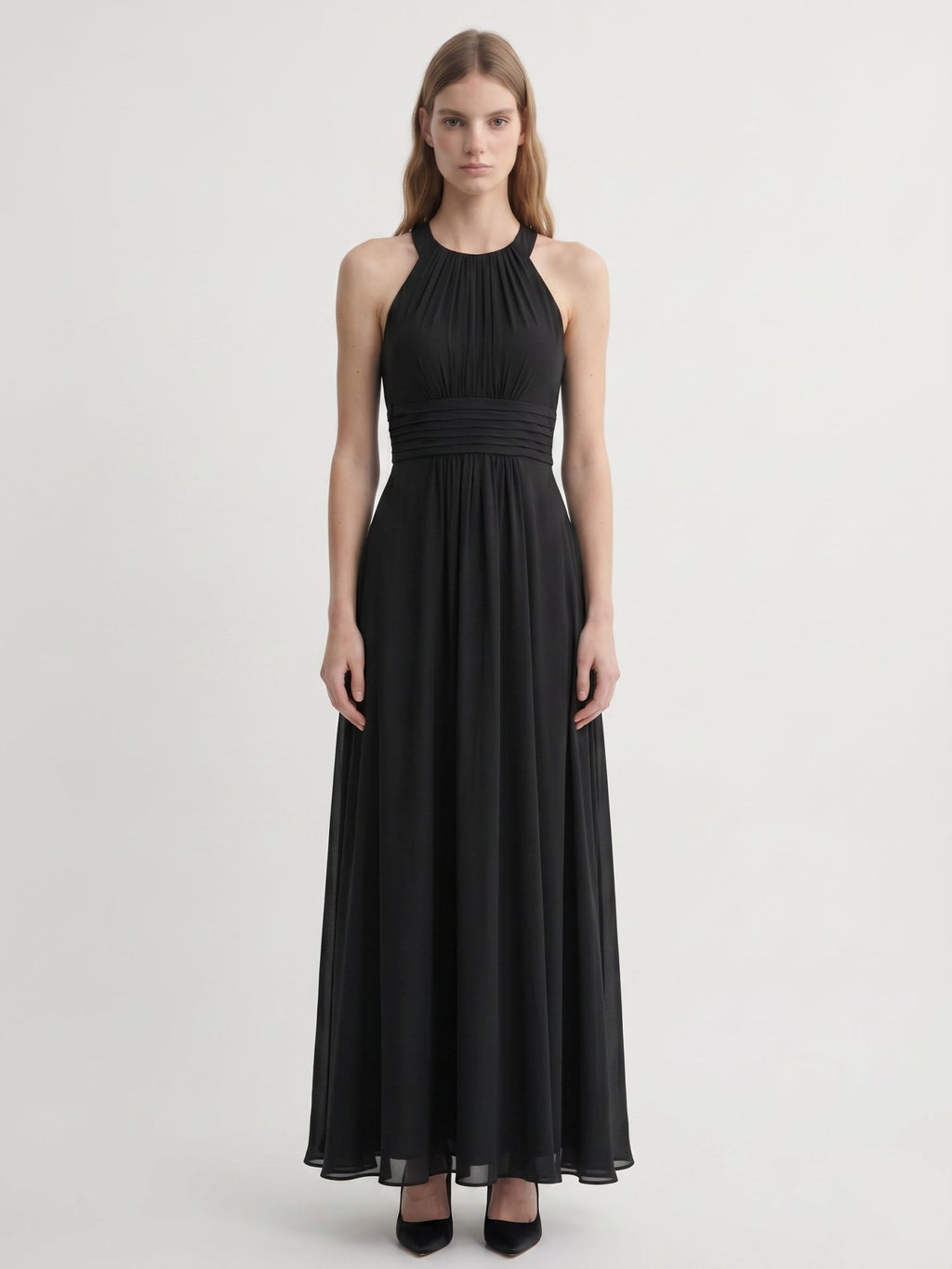 Black Chiffon A-Line Halter Back Zip Floor-Length Pleated Bridesmaid Dress - Curvevia