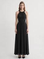 Black Chiffon A-Line Halter Back Zip Floor-Length Pleated Bridesmaid Dress - Curvevia