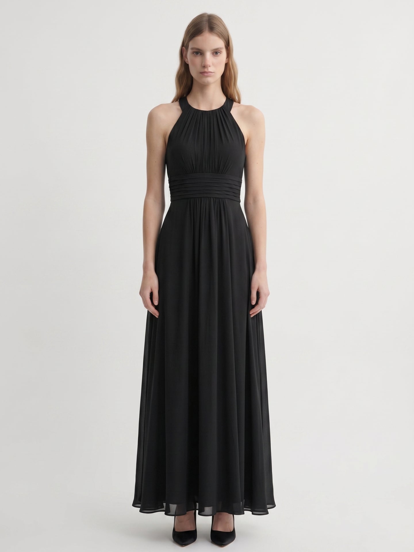 Black Chiffon A-Line Halter Back Zip Floor-Length Pleated Bridesmaid Dress - Curvevia