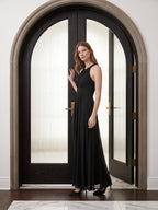 Black Chiffon A-Line Halter Back Zip Floor-Length Pleated Bridesmaid Dress - Curvevia
