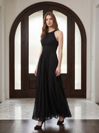 Black Chiffon A-Line Halter Back Zip Floor-Length Pleated Bridesmaid Dress - Curvevia