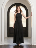 Black Chiffon A-Line Halter Back Zip Floor-Length Pleated Bridesmaid Dress - Curvevia