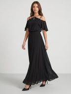 Black Chiffon A-Line Halter Back Zip Floor-Length Ruffle Bridesmaid Dress - Curvevia