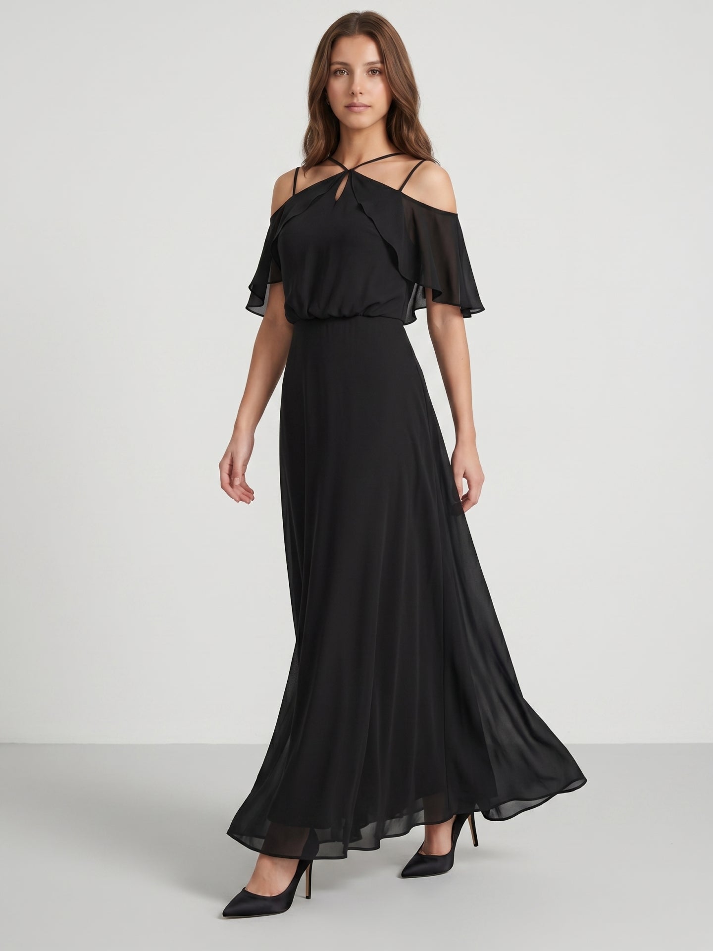 Black Chiffon A-Line Halter Back Zip Floor-Length Ruffle Bridesmaid Dress - Curvevia