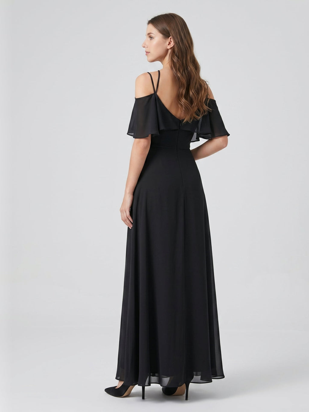 Black Chiffon A-Line Halter Back Zip Floor-Length Ruffle Bridesmaid Dress - Curvevia