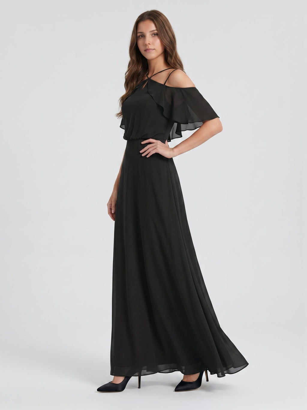 Black Chiffon A-Line Halter Back Zip Floor-Length Ruffle Bridesmaid Dress - Curvevia