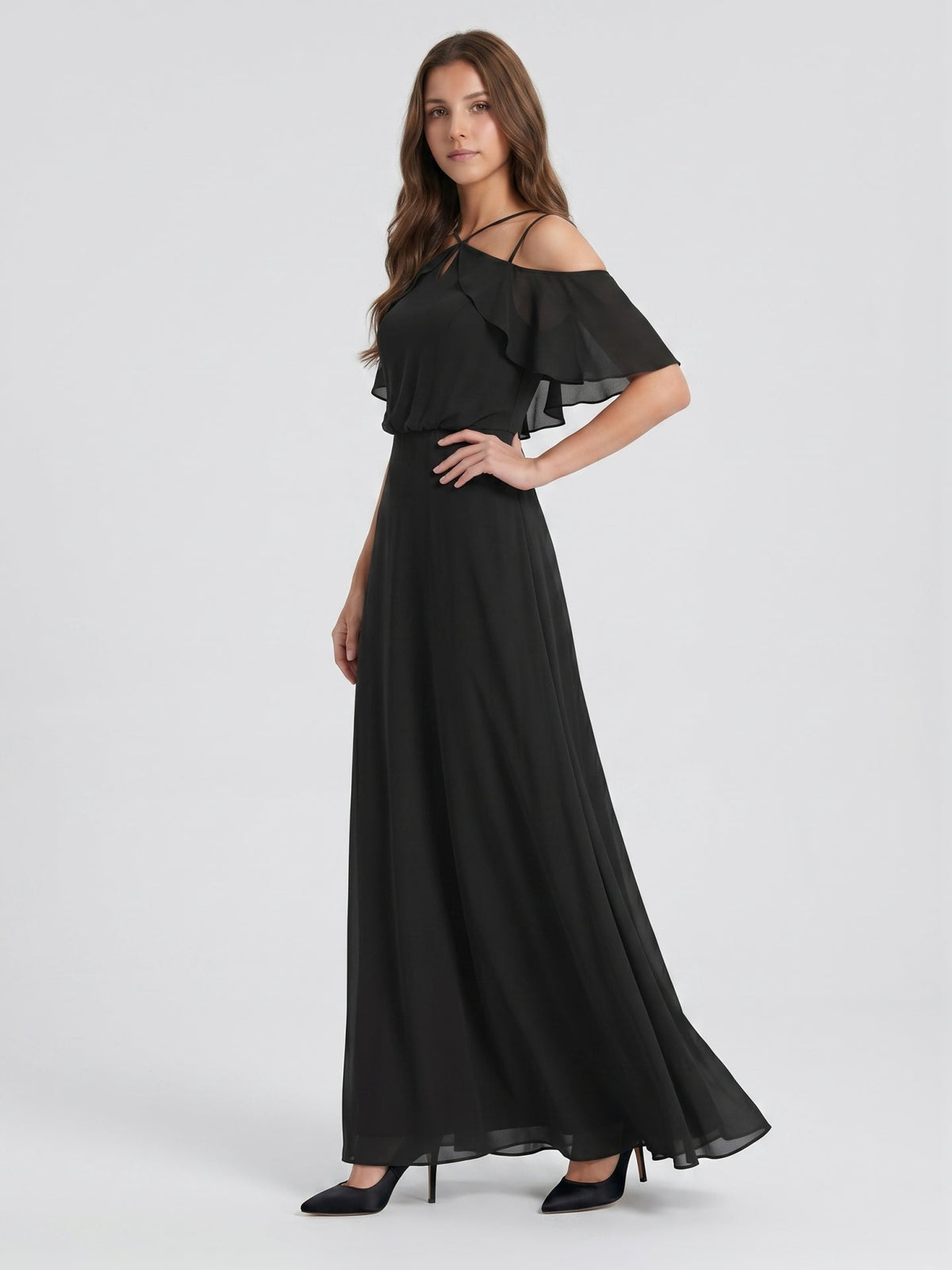 Black Chiffon A-Line Halter Back Zip Floor-Length Ruffle Bridesmaid Dress - Curvevia