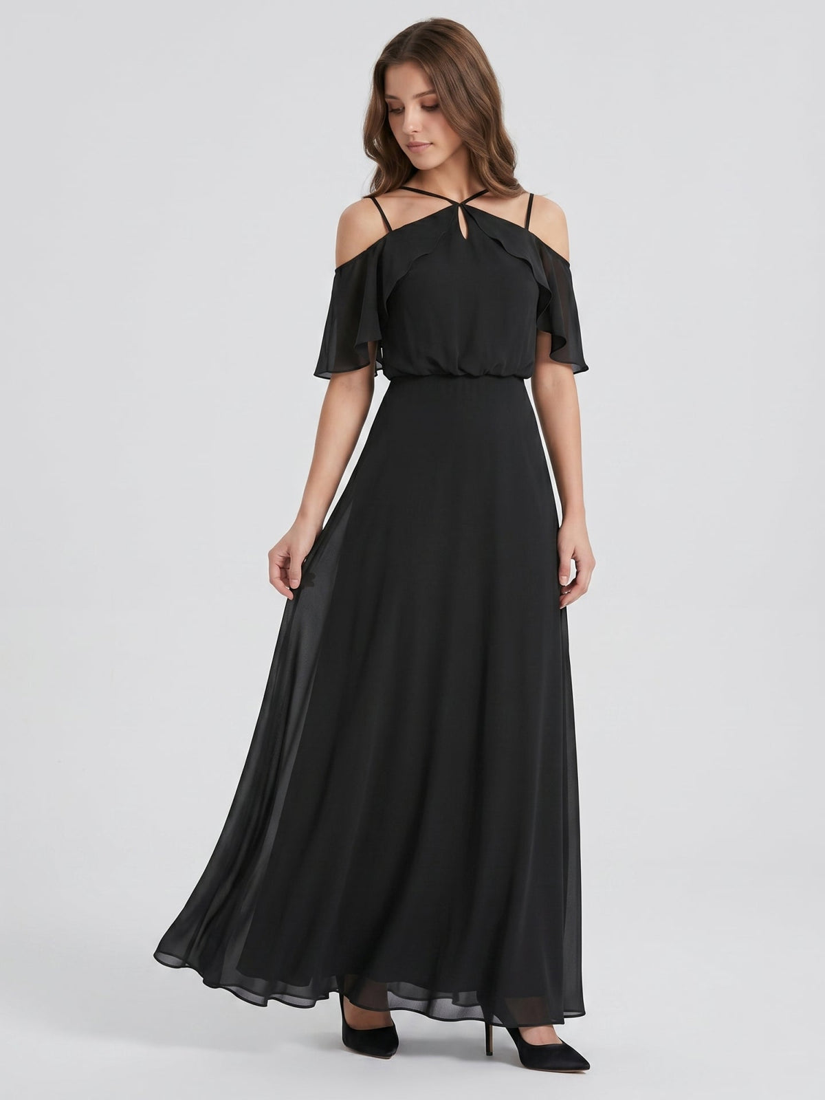 Black Chiffon A-Line Halter Back Zip Floor-Length Ruffle Bridesmaid Dress - Curvevia