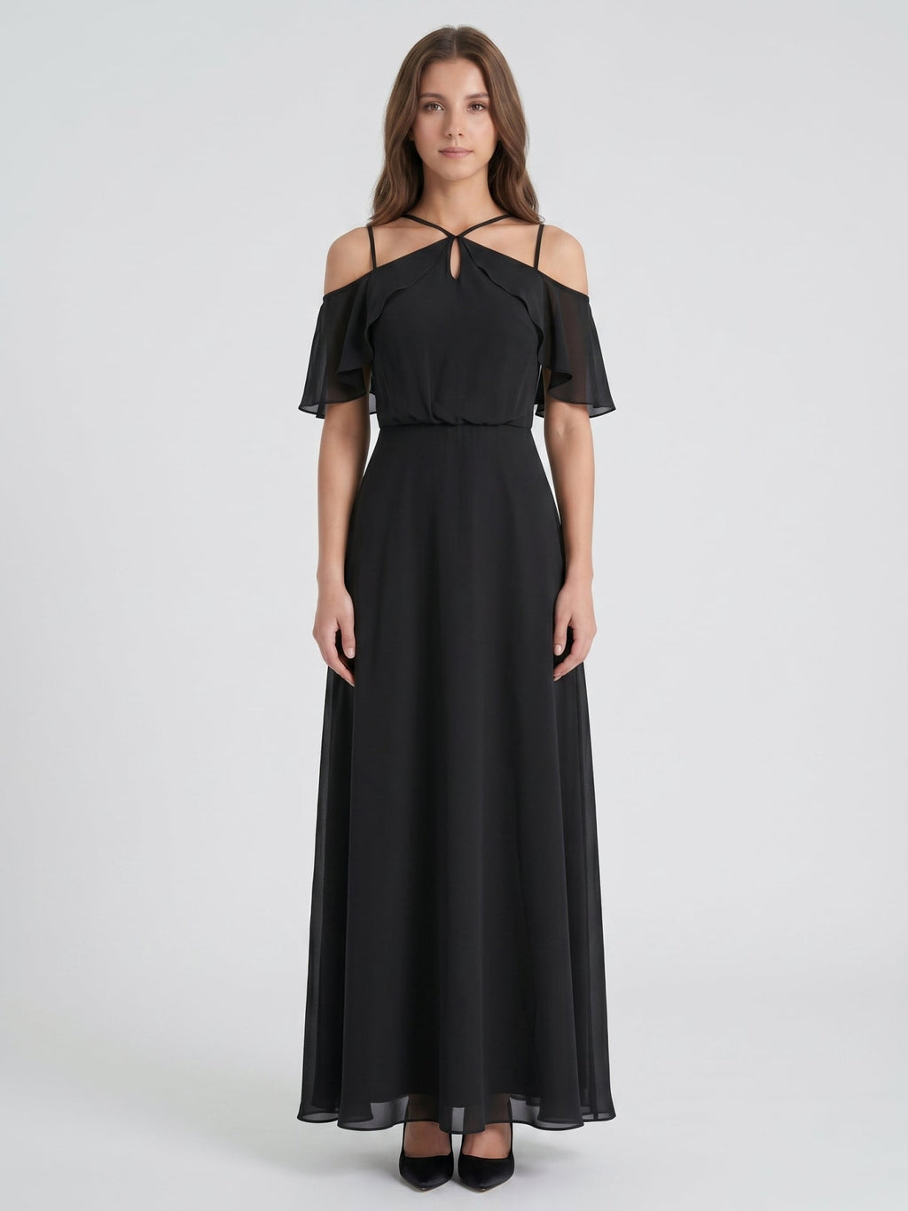 Black Chiffon A-Line Halter Back Zip Floor-Length Ruffle Bridesmaid Dress - Curvevia