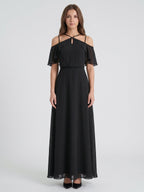 Black Chiffon A-Line Halter Back Zip Floor-Length Ruffle Bridesmaid Dress - Curvevia