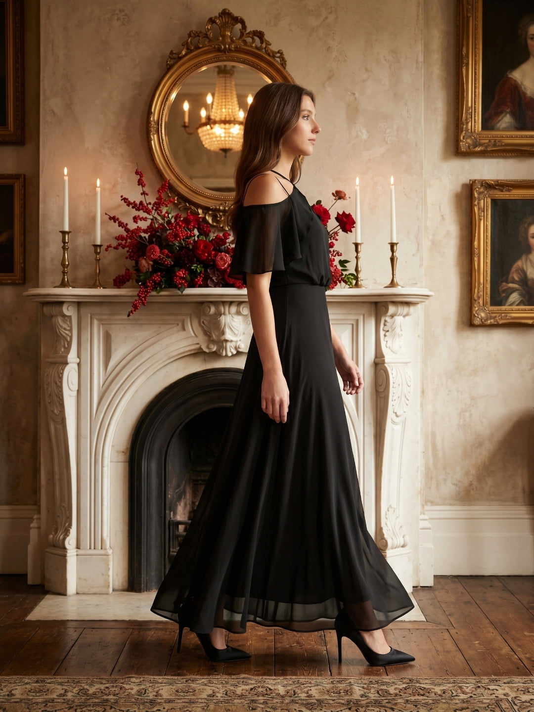 Black Chiffon A-Line Halter Back Zip Floor-Length Ruffle Bridesmaid Dress - Curvevia