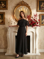 Black Chiffon A-Line Halter Back Zip Floor-Length Ruffle Bridesmaid Dress - Curvevia