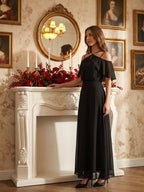 Black Chiffon A-Line Halter Back Zip Floor-Length Ruffle Bridesmaid Dress - Curvevia