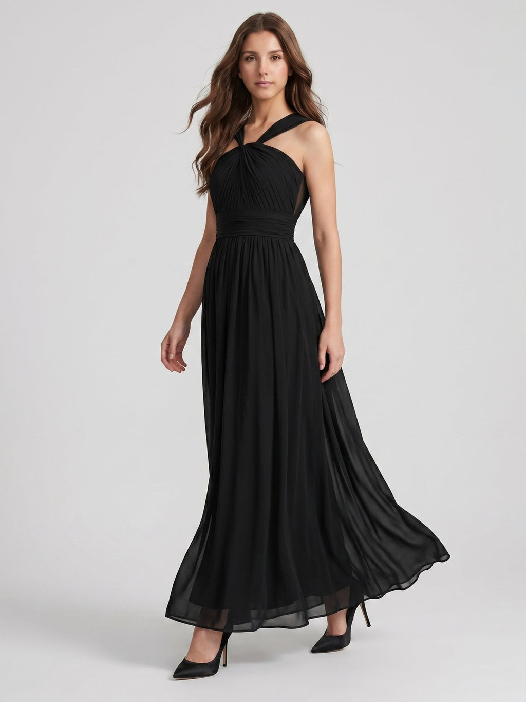 Black Chiffon A-Line Halter V-Back Floor-Length Pleated Bridesmaid Dress - Curvevia