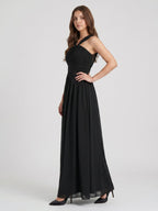Black Chiffon A-Line Halter V-Back Floor-Length Pleated Bridesmaid Dress - Curvevia