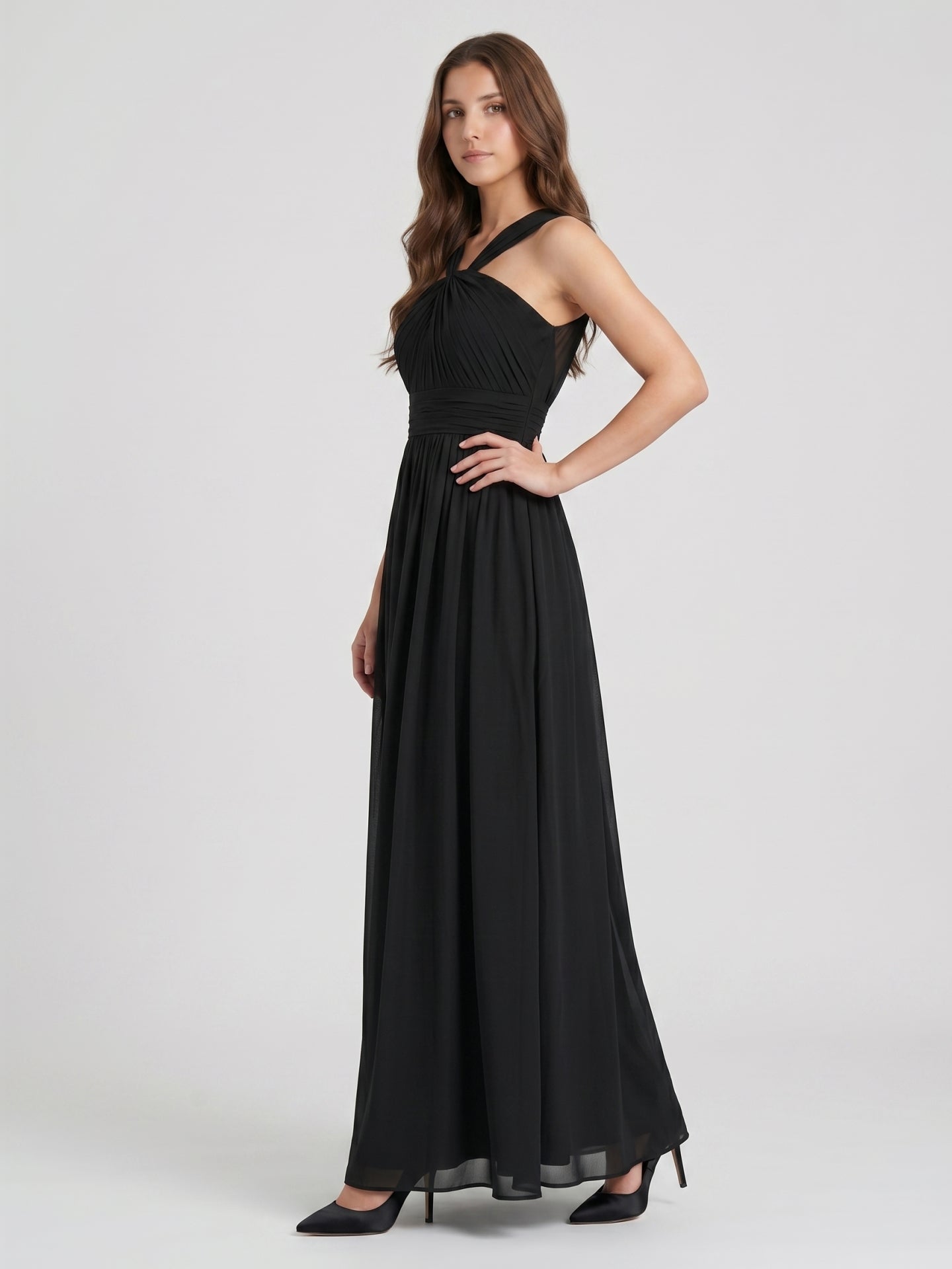 Black Chiffon A-Line Halter V-Back Floor-Length Pleated Bridesmaid Dress - Curvevia