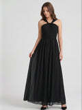 Black Chiffon A-Line Halter V-Back Floor-Length Pleated Bridesmaid Dress - Curvevia