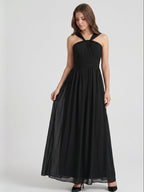 Black Chiffon A-Line Halter V-Back Floor-Length Pleated Bridesmaid Dress - Curvevia