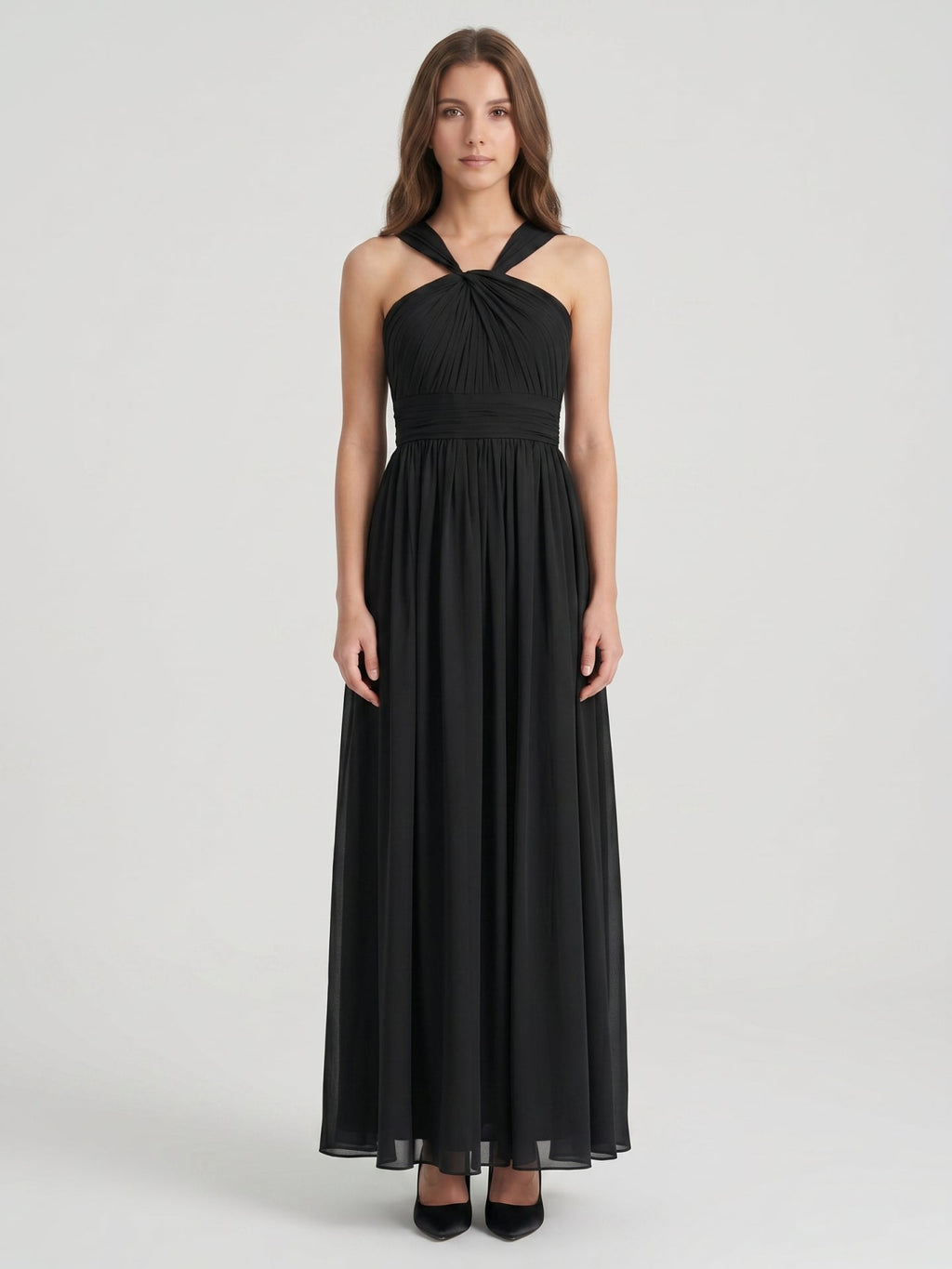 Black Chiffon A-Line Halter V-Back Floor-Length Pleated Bridesmaid Dress - Curvevia