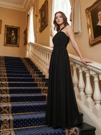 Black Chiffon A-Line Halter V-Back Floor-Length Pleated Bridesmaid Dress - Curvevia