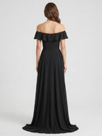 Black Chiffon A-Line Off-the-Shoulder Back Zip Floor-Length Ruffle Bridesmaid Dress - Curvevia