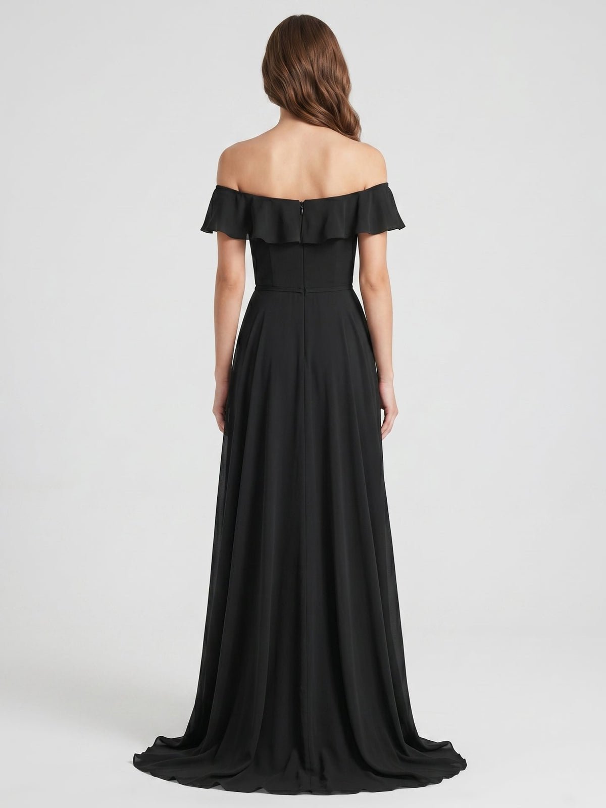 Black Chiffon A-Line Off-the-Shoulder Back Zip Floor-Length Ruffle Bridesmaid Dress - Curvevia