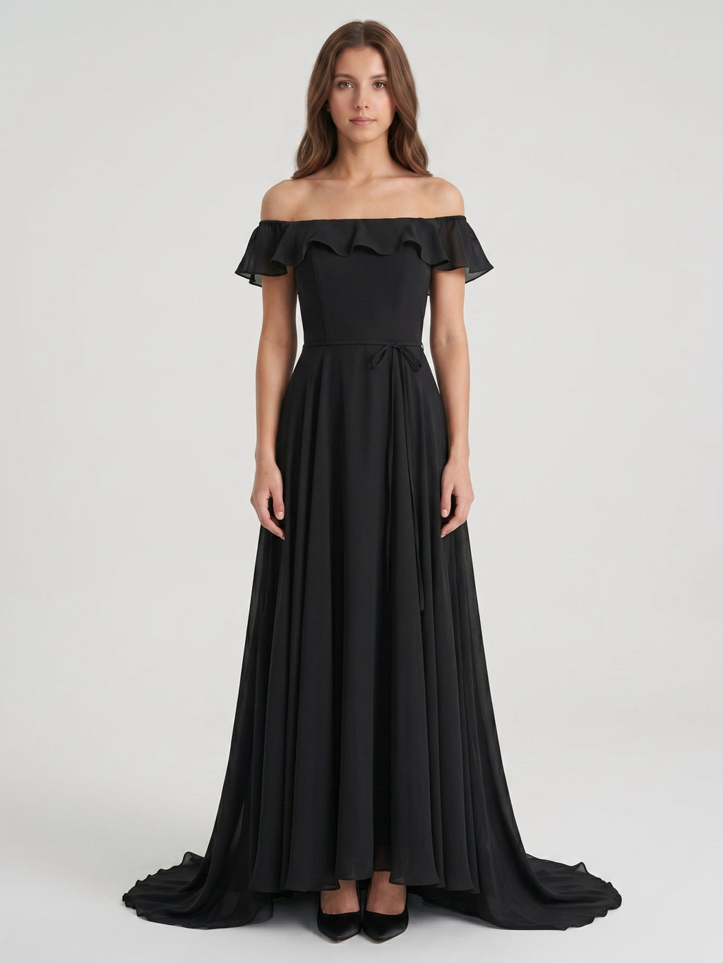 Black Chiffon A-Line Off-the-Shoulder Back Zip Floor-Length Ruffle Bridesmaid Dress - Curvevia