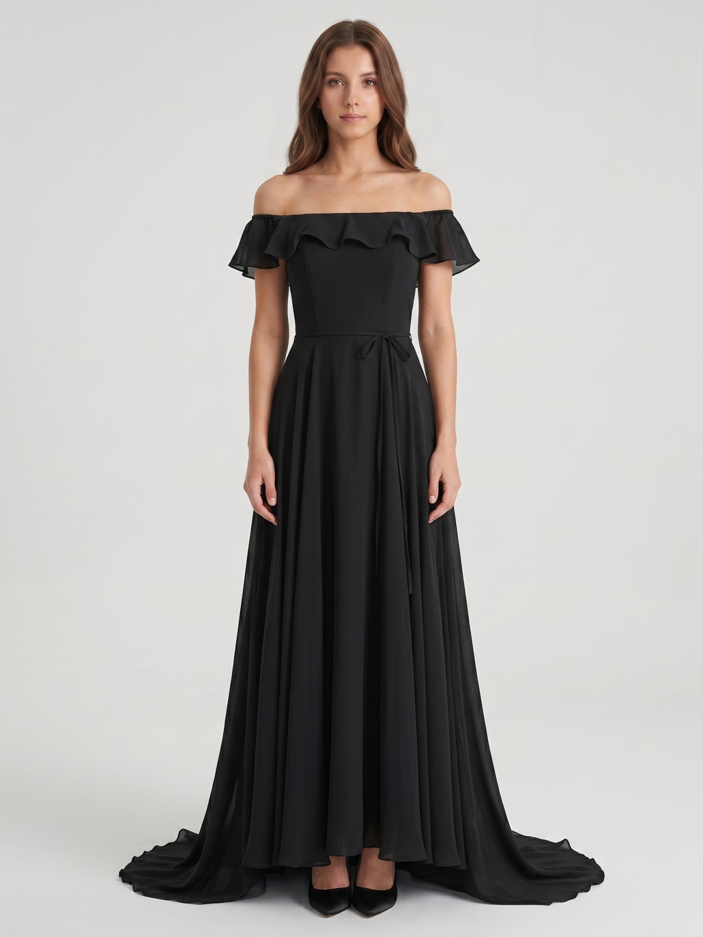 Black Chiffon A-Line Off-the-Shoulder Back Zip Floor-Length Ruffle Bridesmaid Dress - Curvevia