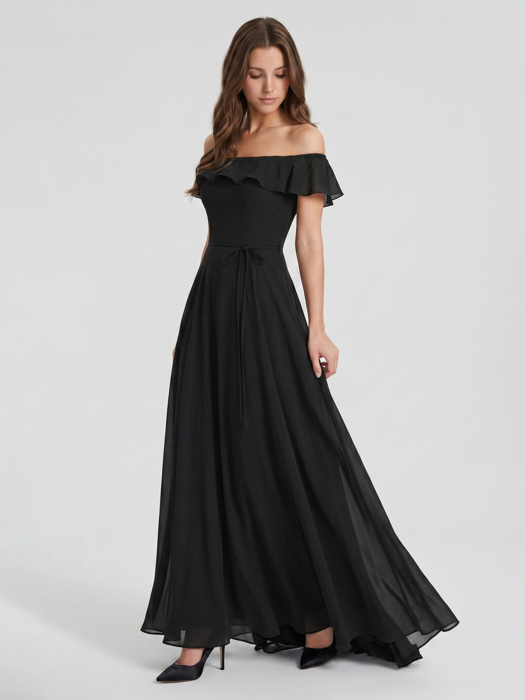 Black Chiffon A-Line Off-the-Shoulder Back Zip Floor-Length Ruffle Bridesmaid Dress - Curvevia