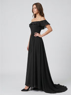 Black Chiffon A-Line Off-the-Shoulder Back Zip Floor-Length Ruffle Bridesmaid Dress - Curvevia