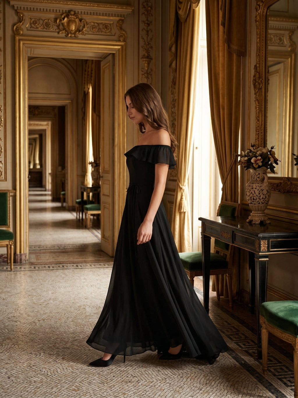 Black Chiffon A-Line Off-the-Shoulder Back Zip Floor-Length Ruffle Bridesmaid Dress - Curvevia