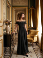 Black Chiffon A-Line Off-the-Shoulder Back Zip Floor-Length Ruffle Bridesmaid Dress - Curvevia