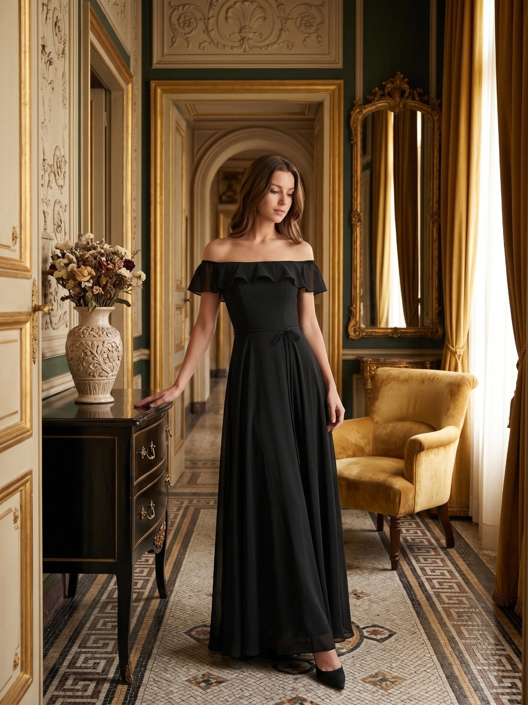 Black Chiffon A-Line Off-the-Shoulder Back Zip Floor-Length Ruffle Bridesmaid Dress - Curvevia
