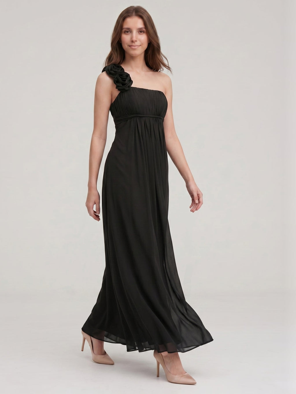 Black Chiffon A-Line One Shoulder Back Zip Floor-Length Bridesmaid Dress with 3D Flower - Curvevia