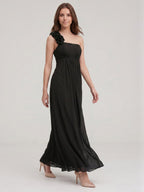 Black Chiffon A-Line One Shoulder Back Zip Floor-Length Bridesmaid Dress with 3D Flower - Curvevia
