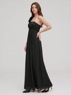 Black Chiffon A-Line One Shoulder Back Zip Floor-Length Bridesmaid Dress with 3D Flower - Curvevia