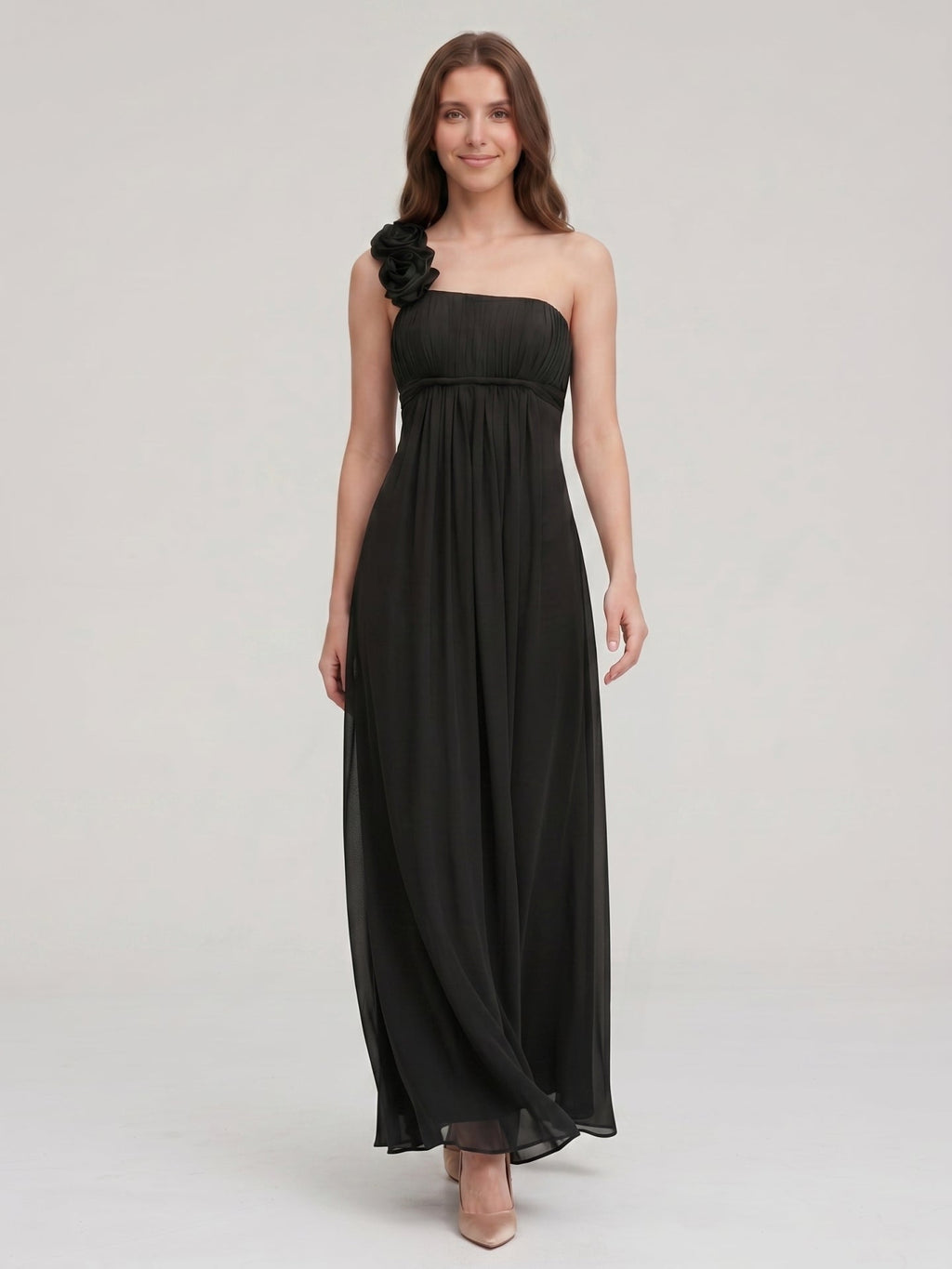 Black Chiffon A-Line One Shoulder Back Zip Floor-Length Bridesmaid Dress with 3D Flower - Curvevia