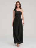 Black Chiffon A-Line One Shoulder Back Zip Floor-Length Bridesmaid Dress with 3D Flower - Curvevia