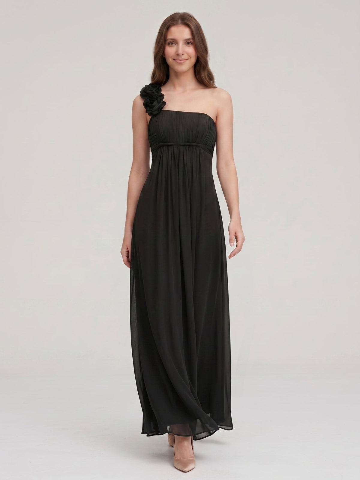 Black Chiffon A-Line One Shoulder Back Zip Floor-Length Bridesmaid Dress with 3D Flower - Curvevia