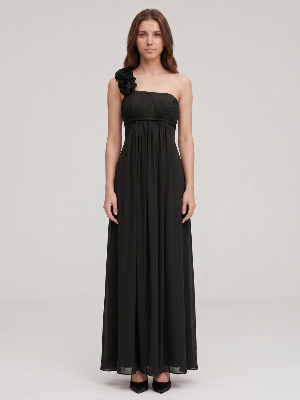 Black Chiffon A-Line One Shoulder Back Zip Floor-Length Bridesmaid Dress with 3D Flower - Curvevia