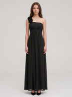 Black Chiffon A-Line One Shoulder Back Zip Floor-Length Bridesmaid Dress with 3D Flower - Curvevia