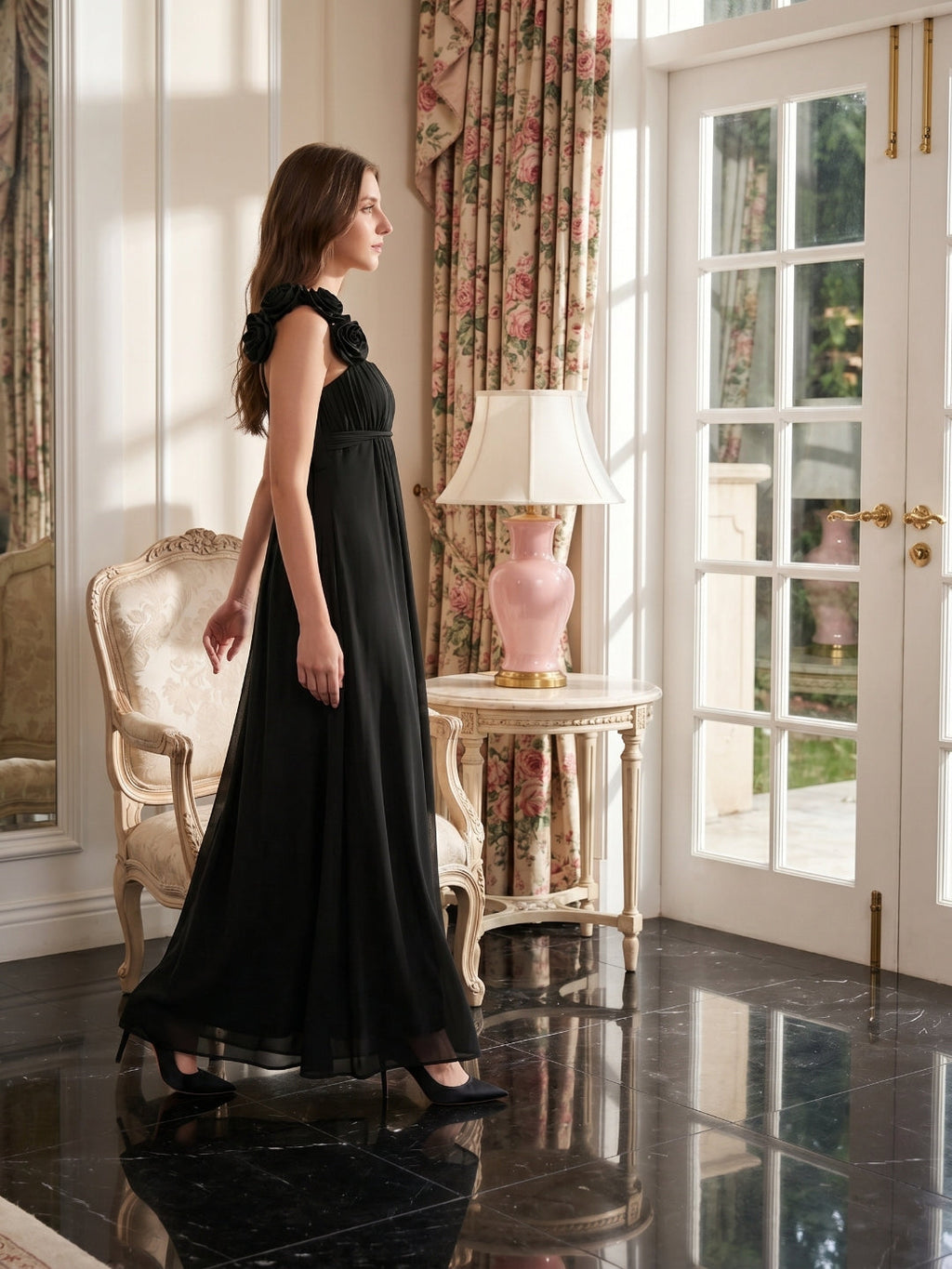 Black Chiffon A-Line One Shoulder Back Zip Floor-Length Bridesmaid Dress with 3D Flower - Curvevia