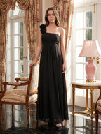 Black Chiffon A-Line One Shoulder Back Zip Floor-Length Bridesmaid Dress with 3D Flower - Curvevia