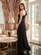 Black Chiffon A-Line One Shoulder Back Zip Floor-Length Bridesmaid Dress with 3D Flower - Curvevia