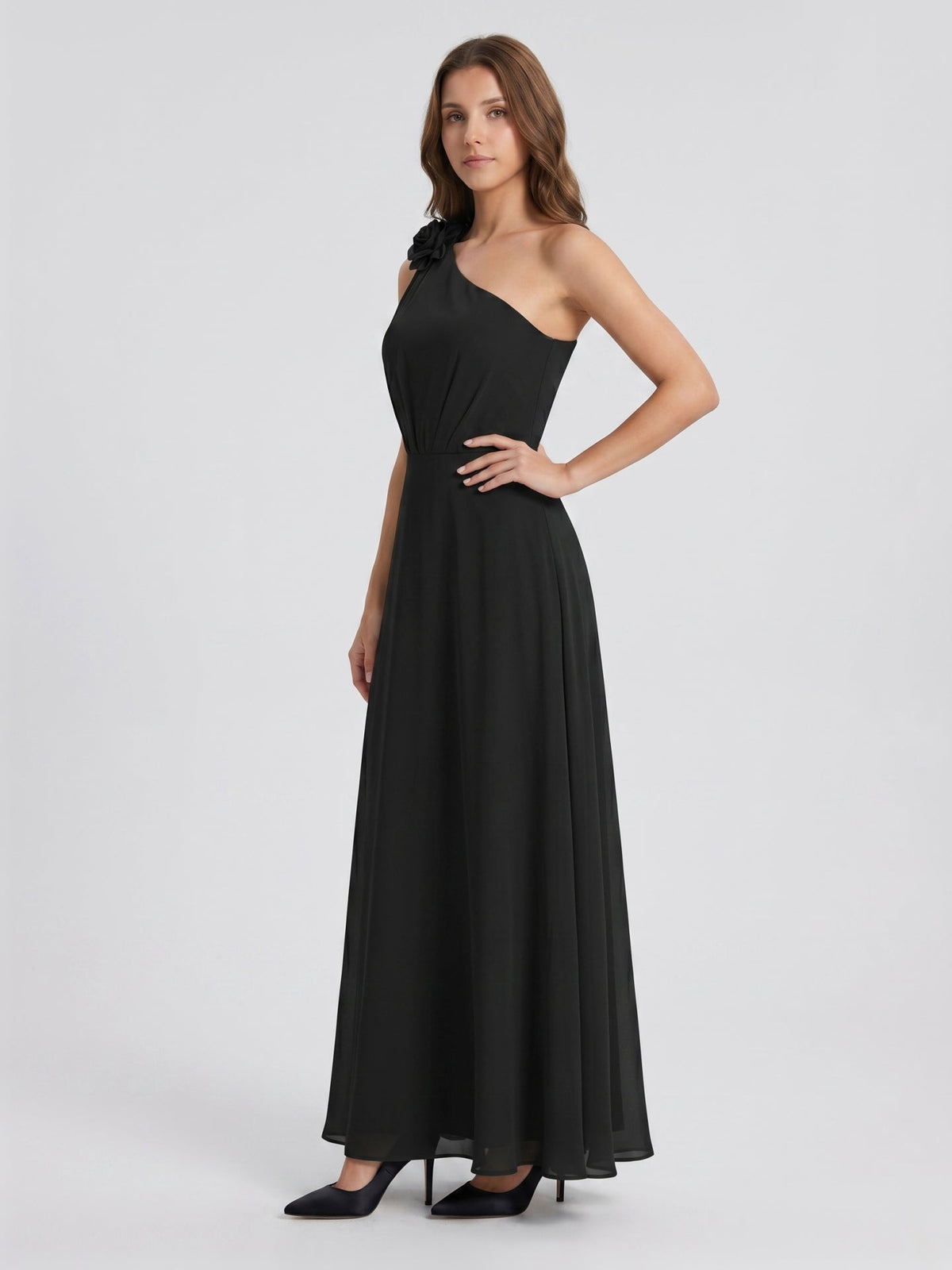 Black Chiffon A-Line One Shoulder Back Zip Floor-Length Ruffle Bridesmaid Dress - Curvevia