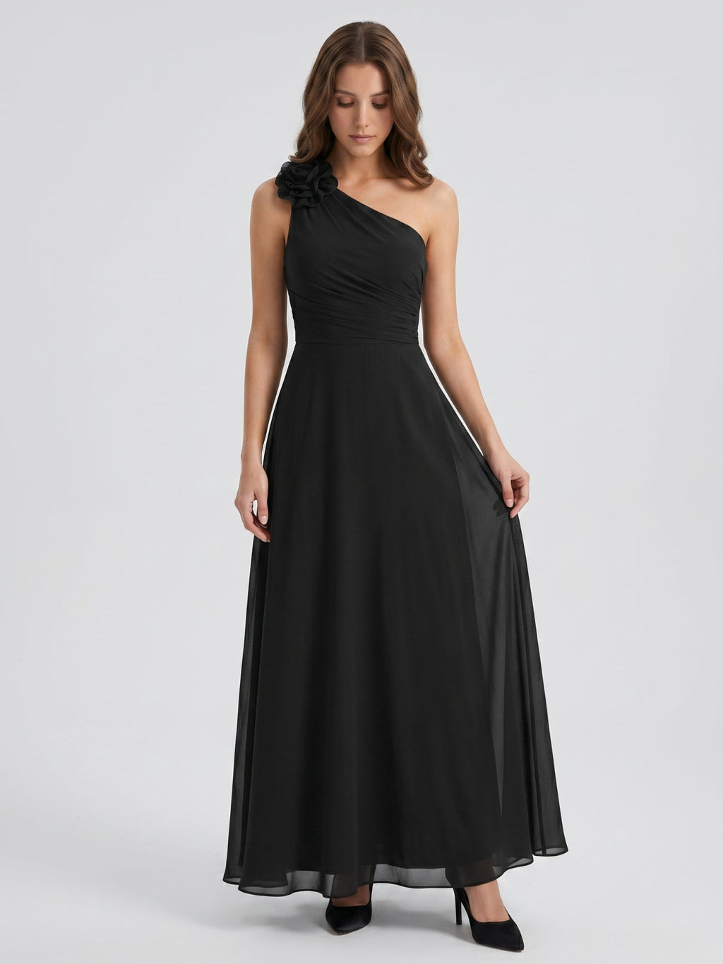 Black Chiffon A-Line One Shoulder Back Zip Floor-Length Ruffle Bridesmaid Dress - Curvevia